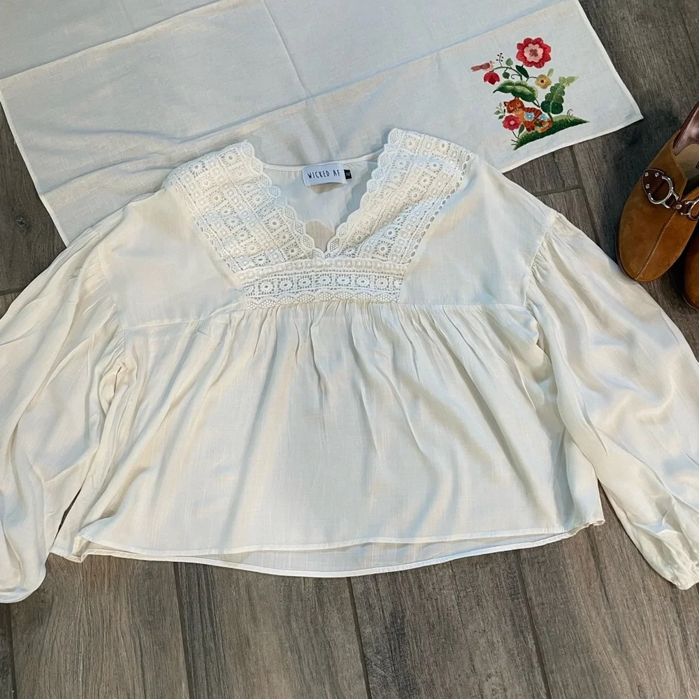 Boho White Crochet Yoke Peasant Top - Picture 10 of 10